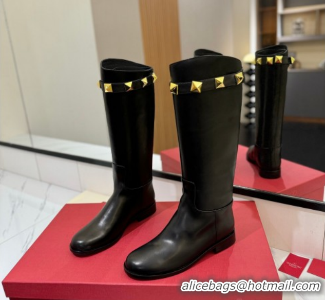 Unique Style Valentino Maxi-Rockstud Flat High Boots in Calfskin Leather Black VLTN121604 1216031