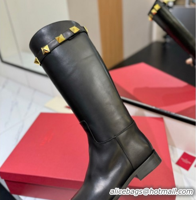 Unique Style Valentino Maxi-Rockstud Flat High Boots in Calfskin Leather Black VLTN121604 1216031