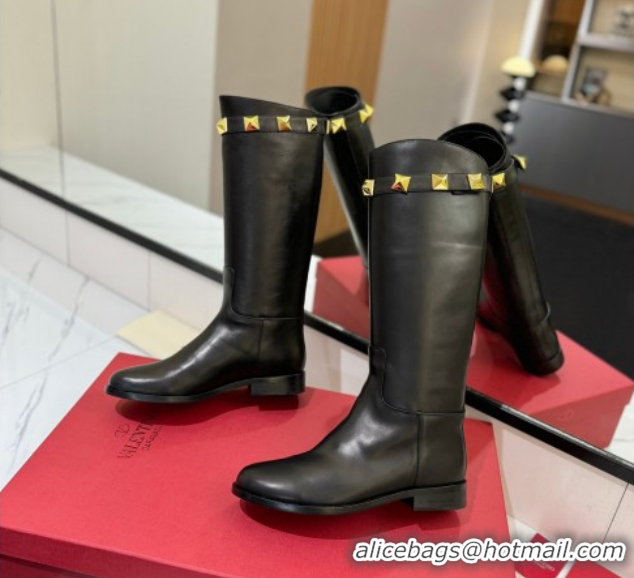 Unique Style Valentino Maxi-Rockstud Flat High Boots in Calfskin Leather Black VLTN121604 1216031