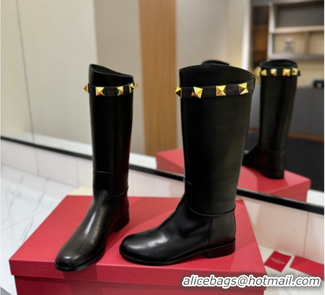 Unique Style Valentino Maxi-Rockstud Flat High Boots in Calfskin Leather Black VLTN121604 1216031