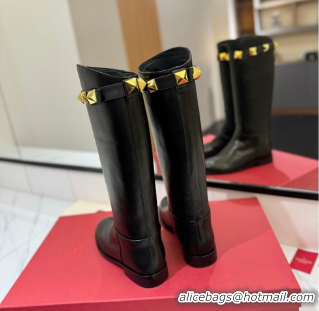 Unique Style Valentino Maxi-Rockstud Flat High Boots in Calfskin Leather Black VLTN121604 1216031
