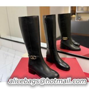 Popular Style Valentino VLogo Heel High Boots 5.5cm in Calfskin Leather Black VLTN121605 1216035