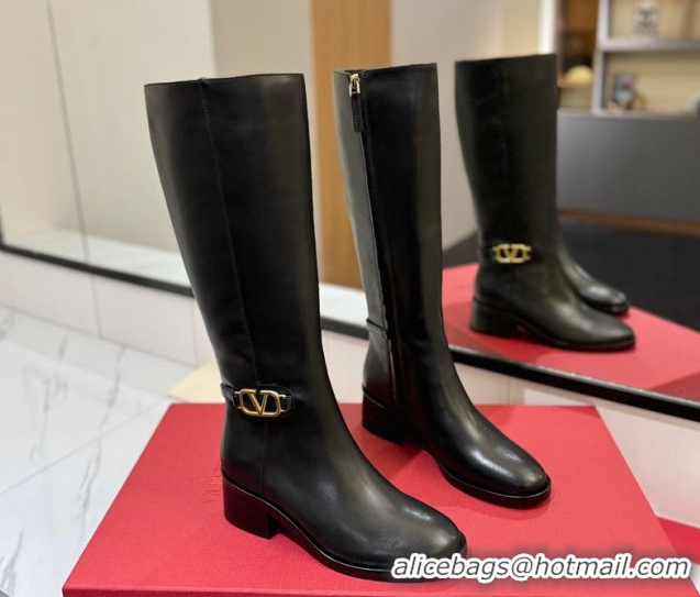 Popular Style Valentino VLogo Heel High Boots 5.5cm in Calfskin Leather Black VLTN121605 1216035