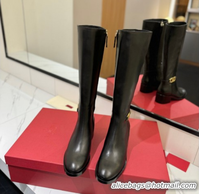 Popular Style Valentino VLogo Heel High Boots 5.5cm in Calfskin Leather Black VLTN121605 1216035