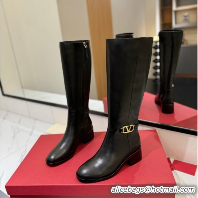 Popular Style Valentino VLogo Heel High Boots 5.5cm in Calfskin Leather Black VLTN121605 1216035