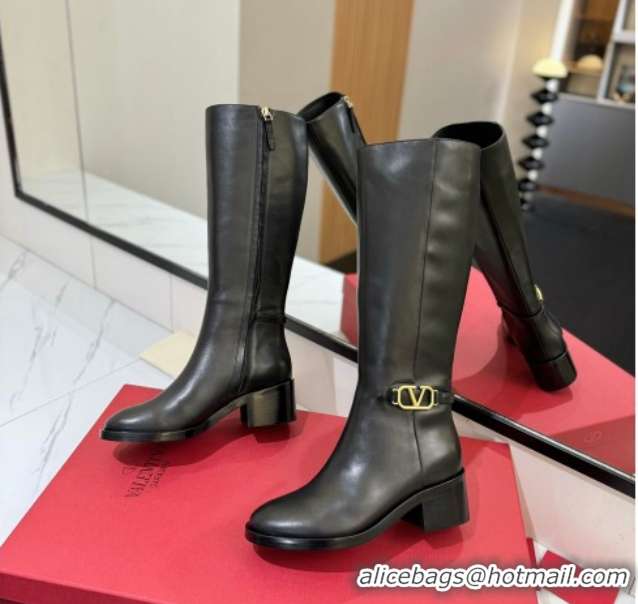 Popular Style Valentino VLogo Heel High Boots 5.5cm in Calfskin Leather Black VLTN121605 1216035