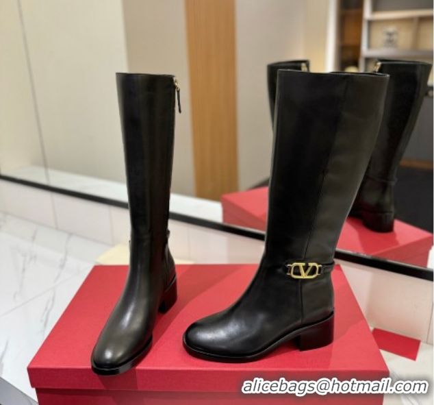 Popular Style Valentino VLogo Heel High Boots 5.5cm in Calfskin Leather Black VLTN121605 1216035