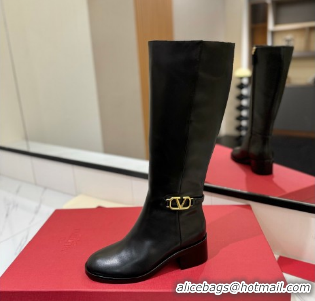 Popular Style Valentino VLogo Heel High Boots 5.5cm in Calfskin Leather Black VLTN121605 1216035