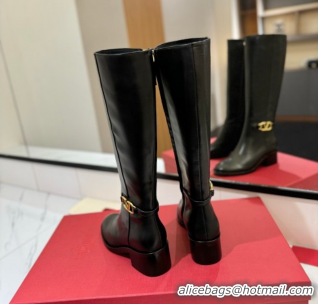Popular Style Valentino VLogo Heel High Boots 5.5cm in Calfskin Leather Black VLTN121605 1216035