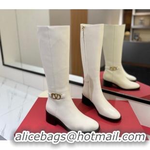Good Quality Valentino VLogo Heel High Boots 5.5cm in Calfskin Leather White VLTN121605 1216036