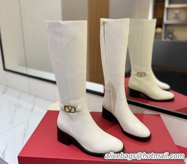 Good Quality Valentino VLogo Heel High Boots 5.5cm in Calfskin Leather White VLTN121605 1216036