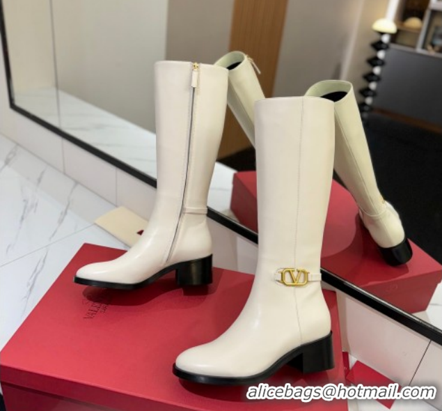 Good Quality Valentino VLogo Heel High Boots 5.5cm in Calfskin Leather White VLTN121605 1216036