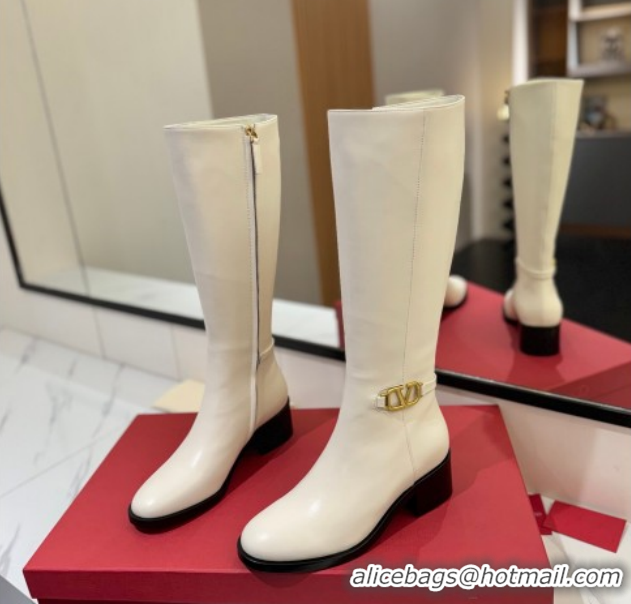 Good Quality Valentino VLogo Heel High Boots 5.5cm in Calfskin Leather White VLTN121605 1216036