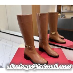 Purchase Valentino VLogo Heel High Boots 5.5cm in Calfskin Leather Brown VLTN121605 1216037