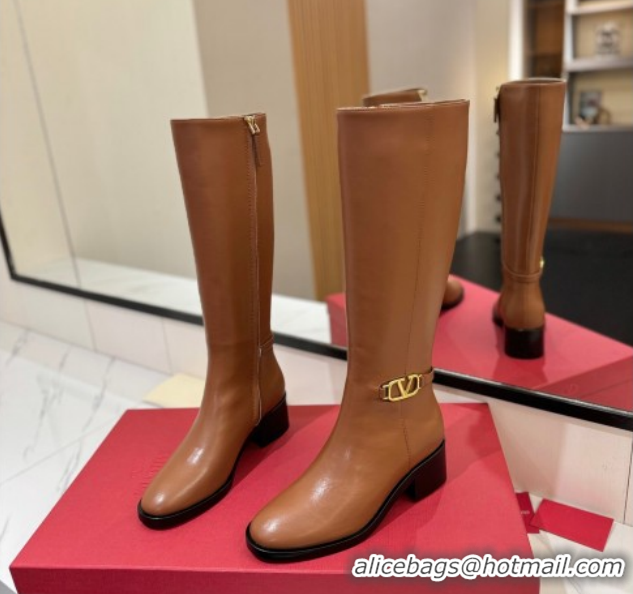 Purchase Valentino VLogo Heel High Boots 5.5cm in Calfskin Leather Brown VLTN121605 1216037