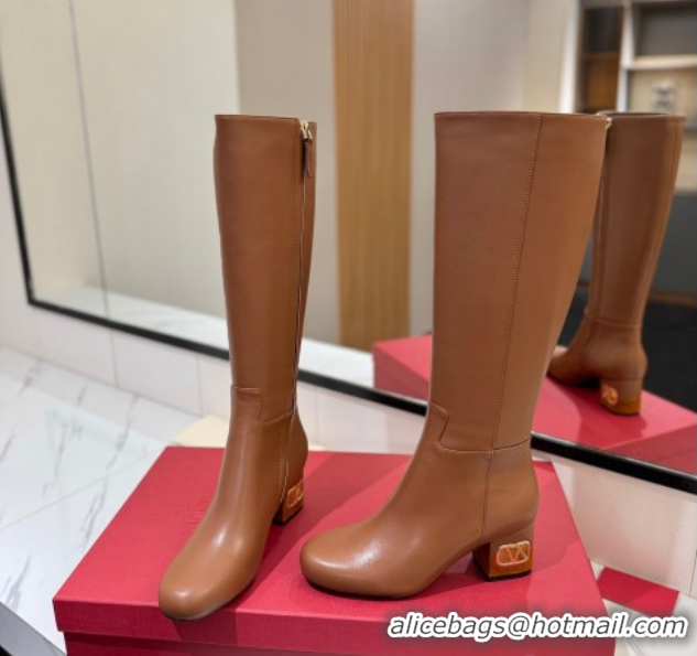 Purchase Valentino VLogo Heel High Boots 5.5cm in Calfskin Leather Brown VLTN121605 1216037