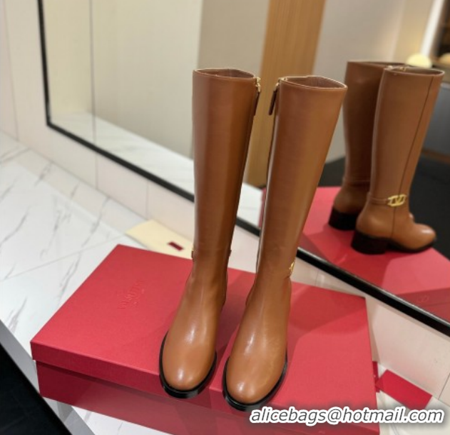 Purchase Valentino VLogo Heel High Boots 5.5cm in Calfskin Leather Brown VLTN121605 1216037
