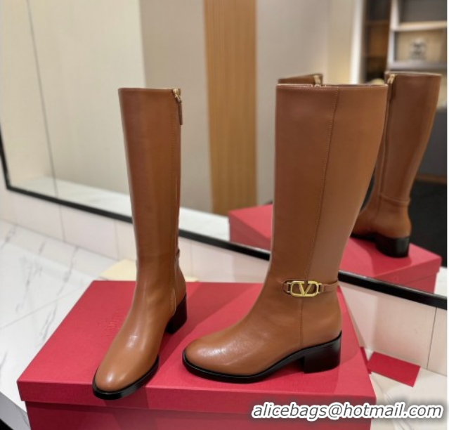 Purchase Valentino VLogo Heel High Boots 5.5cm in Calfskin Leather Brown VLTN121605 1216037