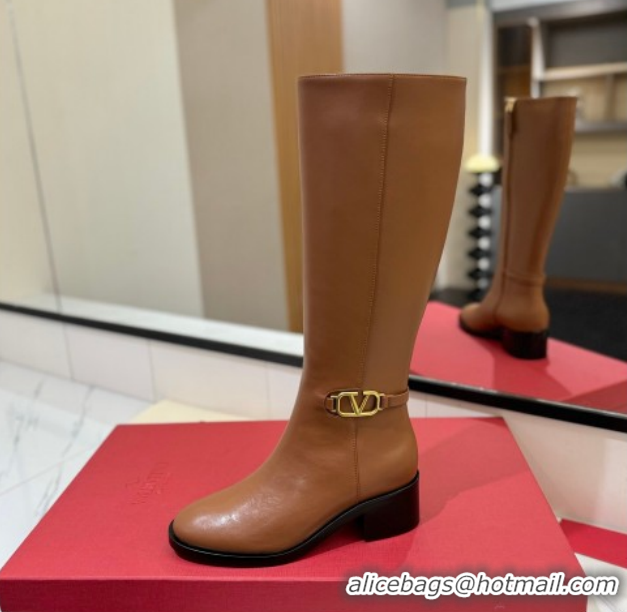 Purchase Valentino VLogo Heel High Boots 5.5cm in Calfskin Leather Brown VLTN121605 1216037