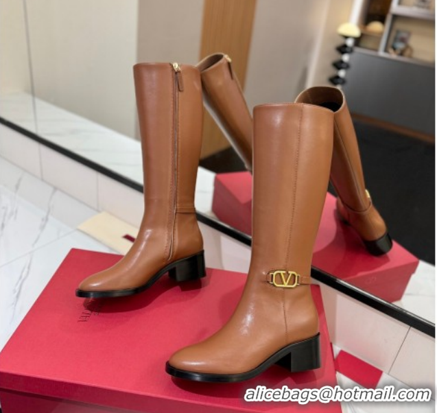 Purchase Valentino VLogo Heel High Boots 5.5cm in Calfskin Leather Brown VLTN121605 1216037