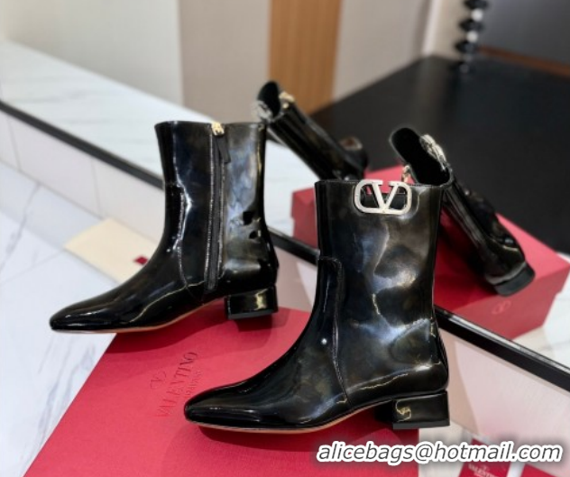 Perfect Valentino VLogo Type Heel Ankle Boots 3cm in Patent Leather Black VLTN121606 1216041