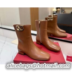 Luxury Valentino VLogo Type Heel Ankle Boots 3cm in Calfskin Leather Brown VLTN121606 1216042