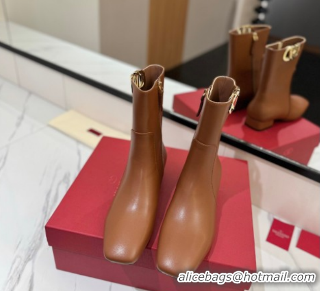 Luxury Valentino VLogo Type Heel Ankle Boots 3cm in Calfskin Leather Brown VLTN121606 1216042