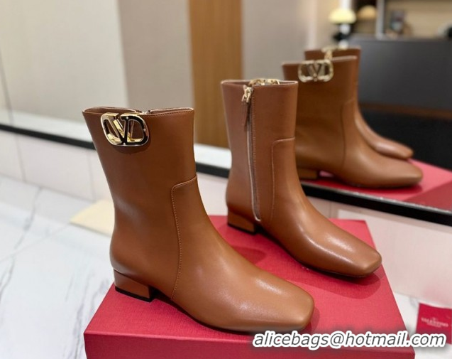 Luxury Valentino VLogo Type Heel Ankle Boots 3cm in Calfskin Leather Brown VLTN121606 1216042