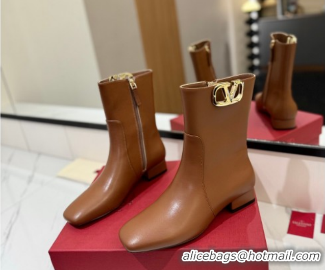 Luxury Valentino VLogo Type Heel Ankle Boots 3cm in Calfskin Leather Brown VLTN121606 1216042