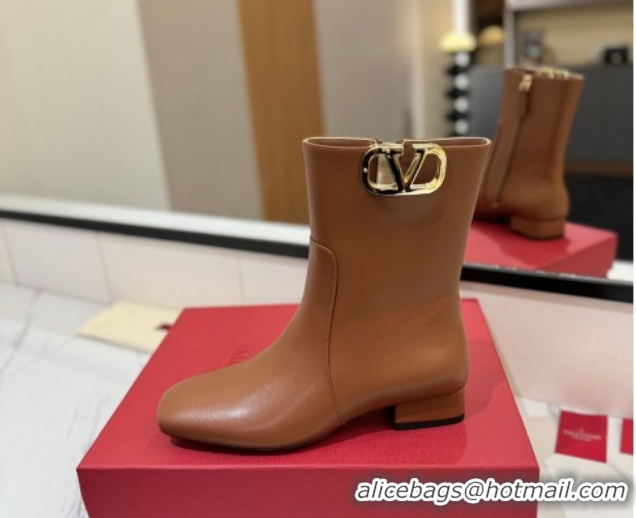 Luxury Valentino VLogo Type Heel Ankle Boots 3cm in Calfskin Leather Brown VLTN121606 1216042