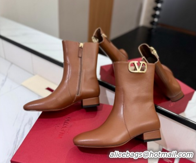 Luxury Valentino VLogo Type Heel Ankle Boots 3cm in Calfskin Leather Brown VLTN121606 1216042