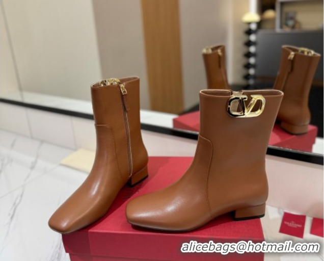 Luxury Valentino VLogo Type Heel Ankle Boots 3cm in Calfskin Leather Brown VLTN121606 1216042