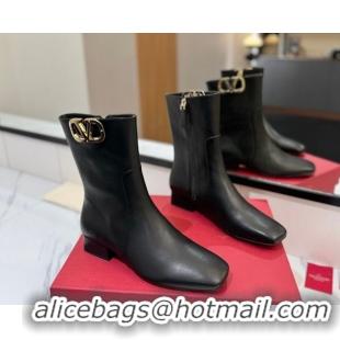 Discount Valentino VLogo Type Heel Ankle Boots 3cm in Calfskin Leather Black 2025 VLTN121606 1216043