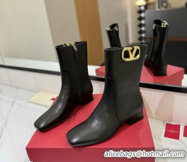 Discount Valentino VLogo Type Heel Ankle Boots 3cm in Calfskin Leather Black 2025 VLTN121606 1216043