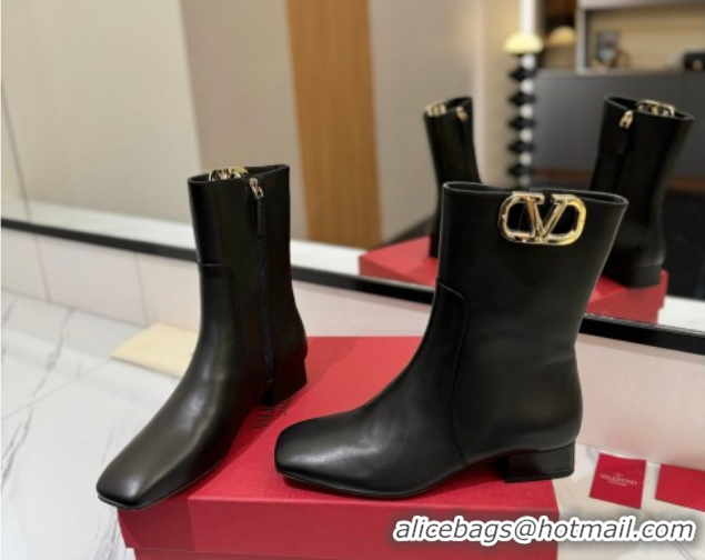 Discount Valentino VLogo Type Heel Ankle Boots 3cm in Calfskin Leather Black 2025 VLTN121606 1216043