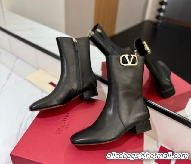 Discount Valentino VLogo Type Heel Ankle Boots 3cm in Calfskin Leather Black 2025 VLTN121606 1216043