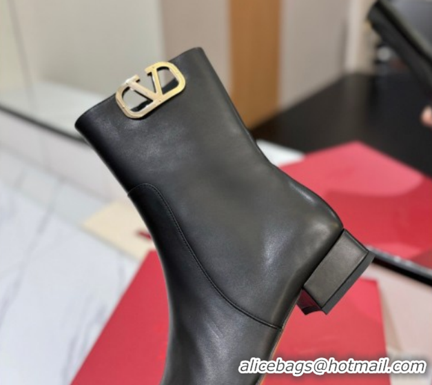 Discount Valentino VLogo Type Heel Ankle Boots 3cm in Calfskin Leather Black 2025 VLTN121606 1216043