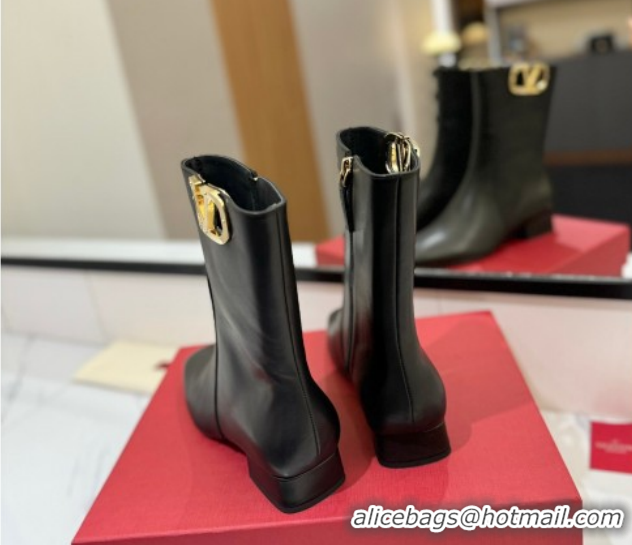 Discount Valentino VLogo Type Heel Ankle Boots 3cm in Calfskin Leather Black 2025 VLTN121606 1216043