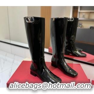 Buy Luxury Valentino VLogo Type Heel High Boots 3cm in Patent Leather Black VLTN121606 1216045