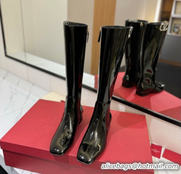 Buy Luxury Valentino VLogo Type Heel High Boots 3cm in Patent Leather Black VLTN121606 1216045