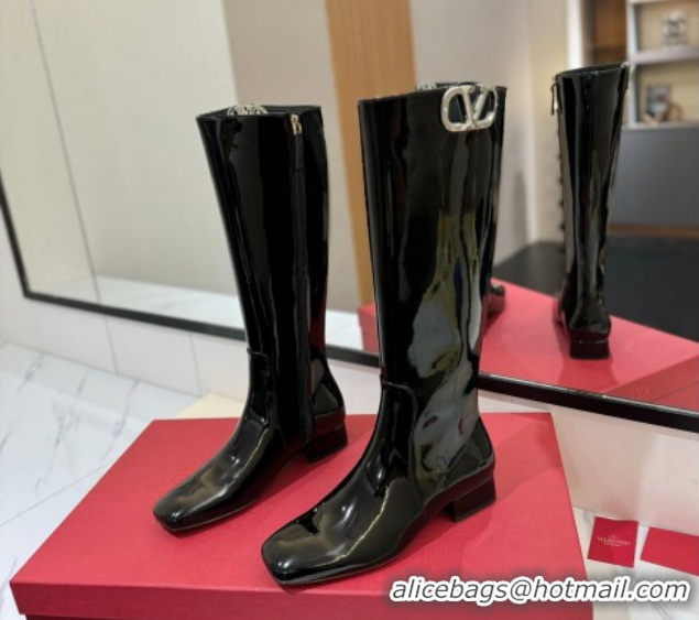 Buy Luxury Valentino VLogo Type Heel High Boots 3cm in Patent Leather Black VLTN121606 1216045