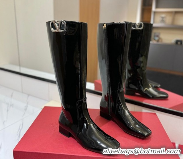 Buy Luxury Valentino VLogo Type Heel High Boots 3cm in Patent Leather Black VLTN121606 1216045