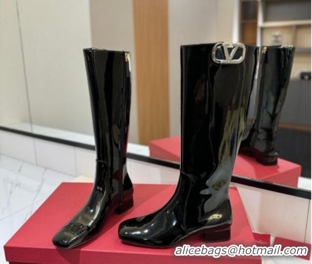 Buy Luxury Valentino VLogo Type Heel High Boots 3cm in Patent Leather Black VLTN121606 1216045