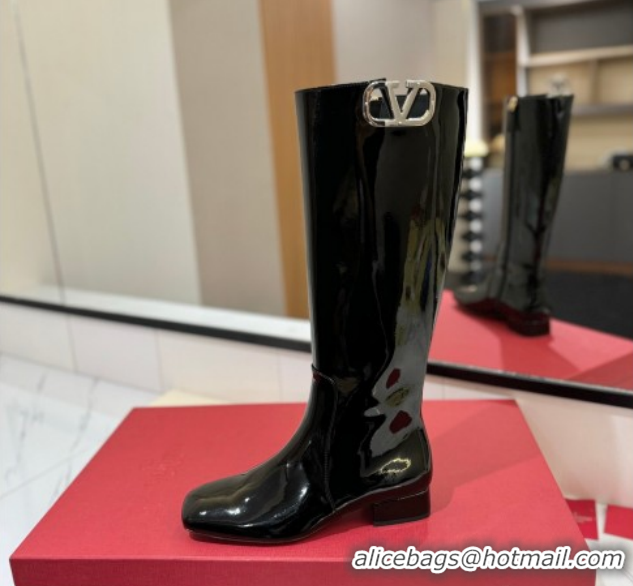 Buy Luxury Valentino VLogo Type Heel High Boots 3cm in Patent Leather Black VLTN121606 1216045