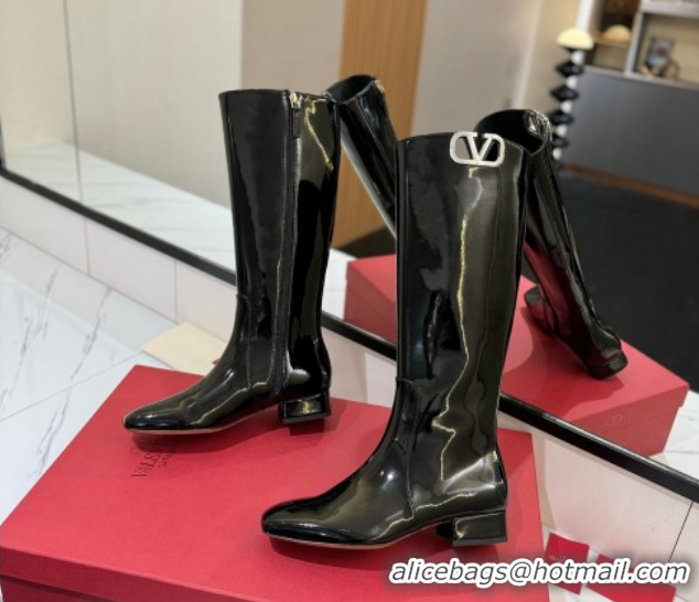 Buy Luxury Valentino VLogo Type Heel High Boots 3cm in Patent Leather Black VLTN121606 1216045