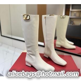 Grade Quality Valentino VLogo Type Heel High Boots 3cm in Calfskin Leather White VLTN121606 51216046