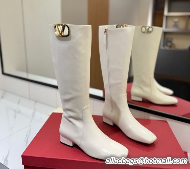 Grade Quality Valentino VLogo Type Heel High Boots 3cm in Calfskin Leather White VLTN121606 51216046