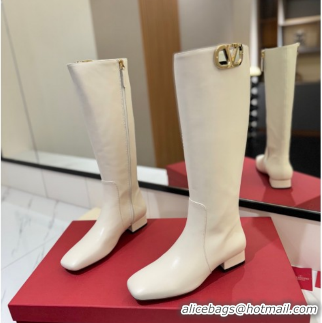 Grade Quality Valentino VLogo Type Heel High Boots 3cm in Calfskin Leather White VLTN121606 51216046