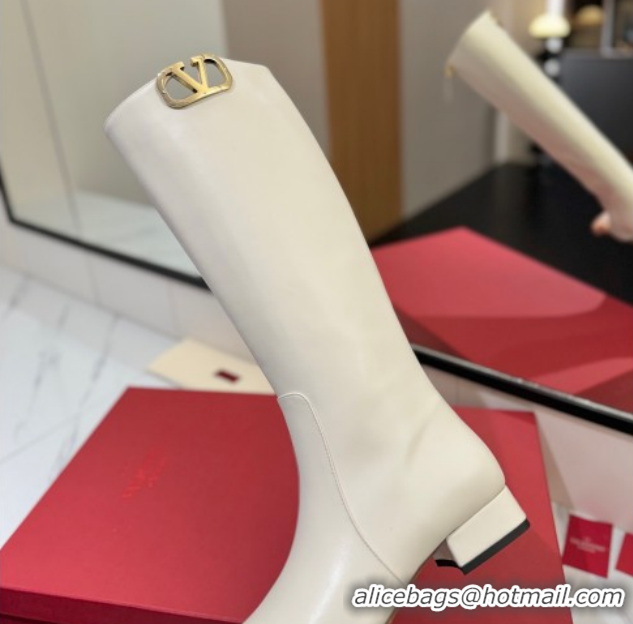 Grade Quality Valentino VLogo Type Heel High Boots 3cm in Calfskin Leather White VLTN121606 51216046