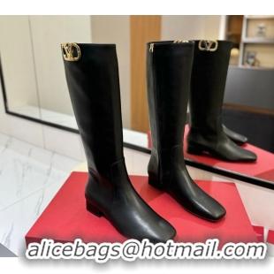 Fashion Valentino VLogo Type Heel High Boots 3cm in Calfskin Leather Black VLTN121606 1216047
